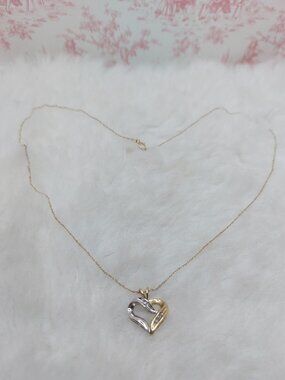 Vintage 10K Gold Heart Pendant Necklace with Genuine Diamond Accents
